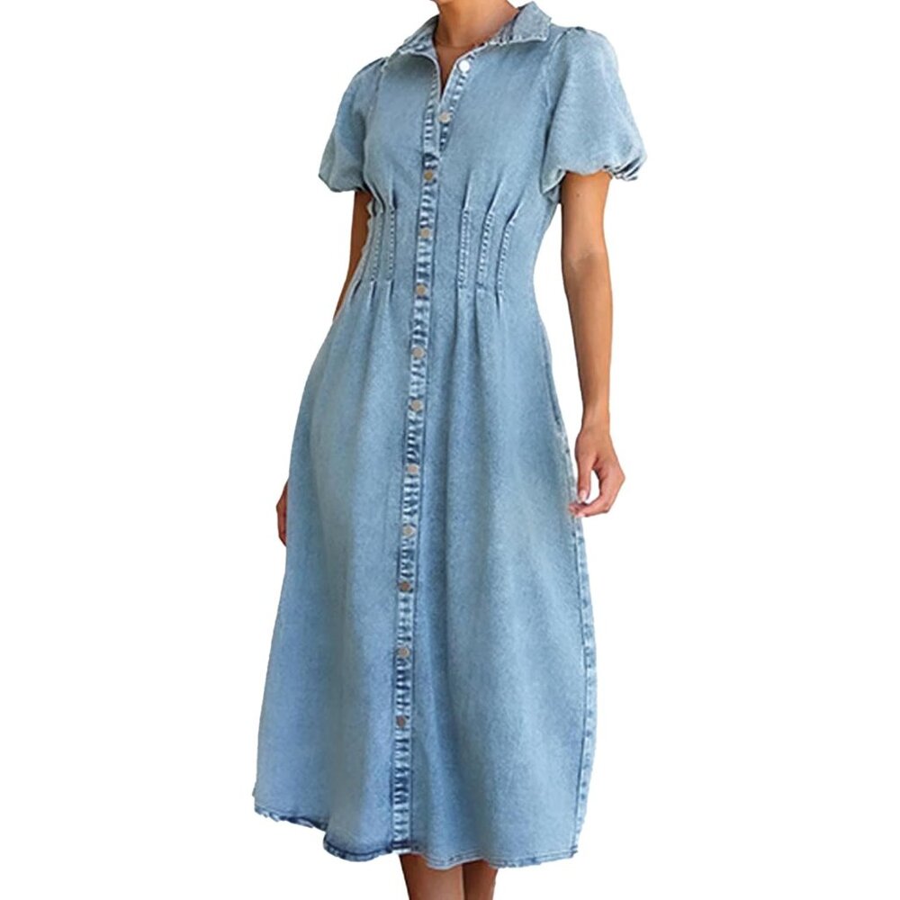Women's Denim Shirt Dress Short Puff Sleeve High Waist Button Down Casual